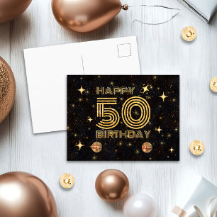 Carte Postale Boule de Disco Dancing Black Gold 50e Joyeux Anniv