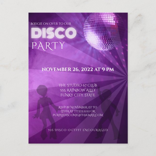 Carte Postale Boule de disco violette cool pour soirée (Devant)