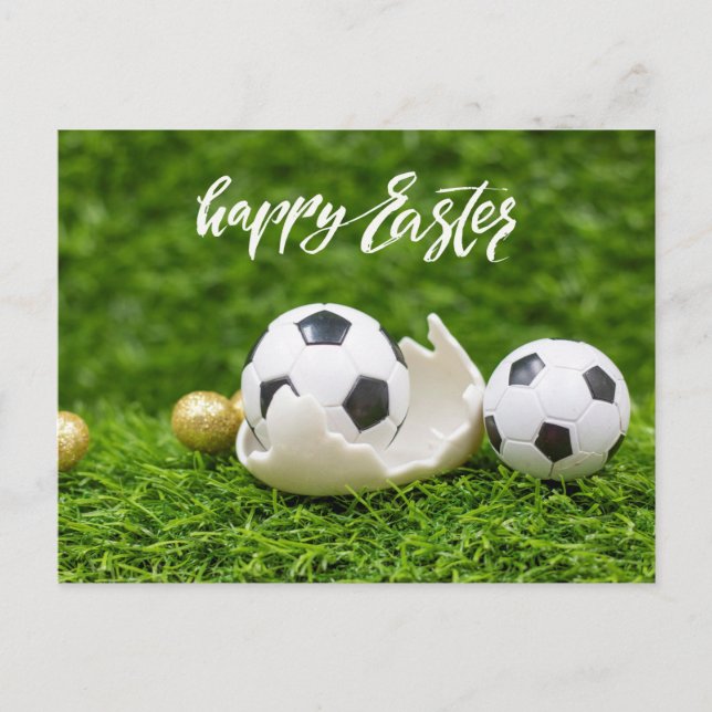 Carte Postale Boule de football avec oeufs Pâques sur herbe vert (Devant)