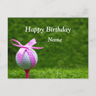 Carte Postale Boule de golf avec ruban rose femme golfeur annive