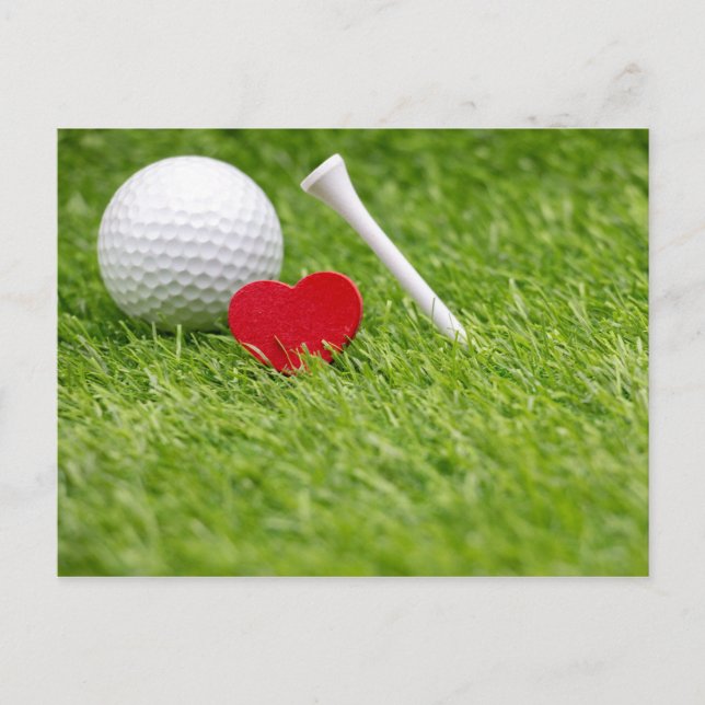 Carte Postale Boule de golf en forme de coeur d'amour et tee (Devant)