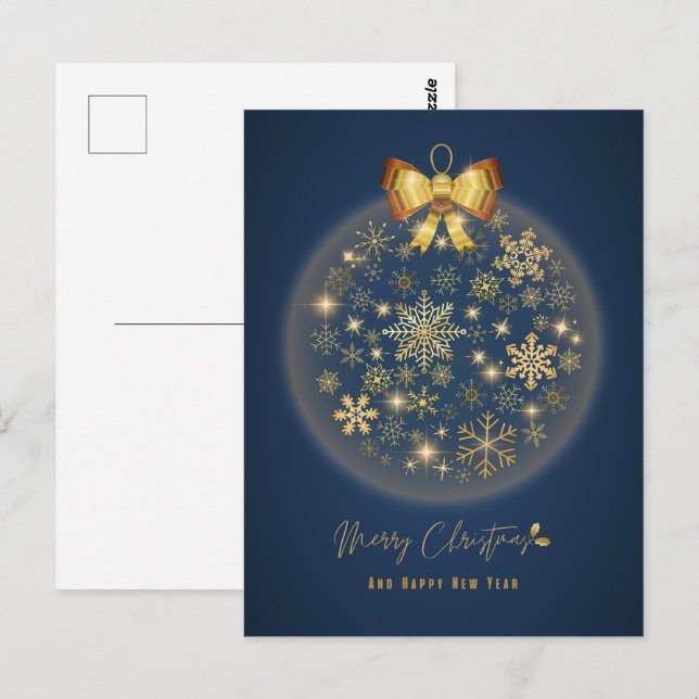 Carte Postale Boule de Noël avec motif de flocons d'or (Devant / Derrière)