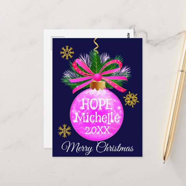 Carte Postale Boule de Noël unique ruban rose (Devant/Arrière en situation)