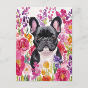 Carte Postale Bouledogue Français Aquarelle Floral 