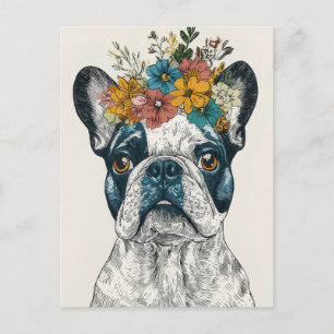 Carte Postale Bouledogue Français Aquarelle Floral 