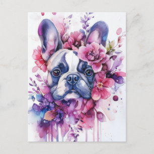 Carte Postale Bouledogue Français Aquarelle Florale