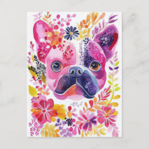 Carte Postale Bouledogue Français Aquarelle Florale 