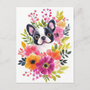Carte Postale Bouledogue Français Aquarelle Florale 