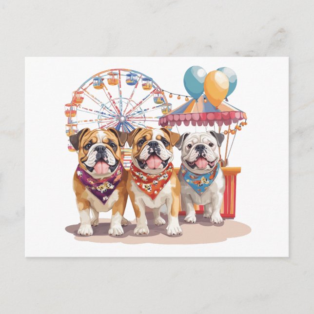 Carte Postale Bouledogues anglais dans une fête foraine  (Devant)