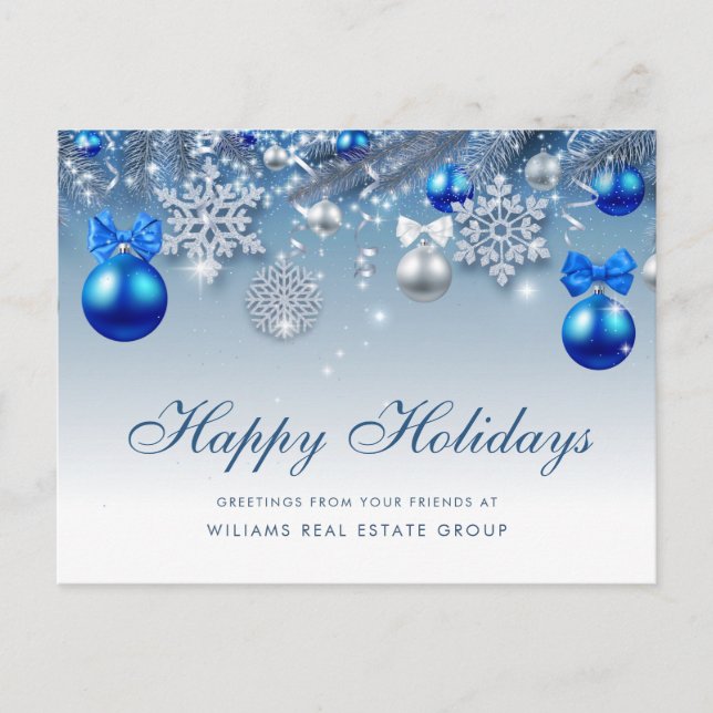 Carte Postale Boules de Noël Blue Sparkle Salutation d'entrepris (Devant)