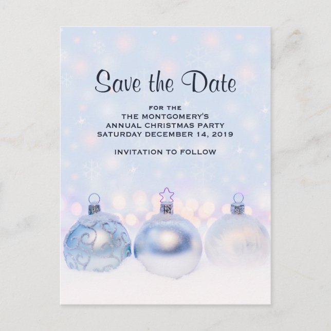 Carte Postale Boules de Noël magiques en métal sauvez la date (Devant)