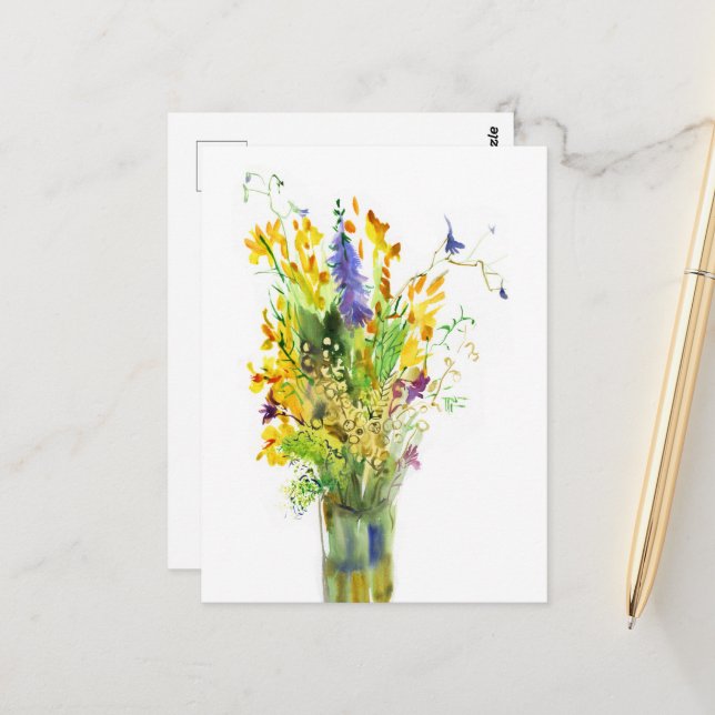 Carte Postale Bouquet aquarelle de fleurs estivales (Devant/Arrière en situation)