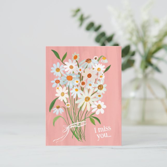 Carte Postale Bouquet Daisy Gouache peinte à la main Miss You Sw (Debout devant)