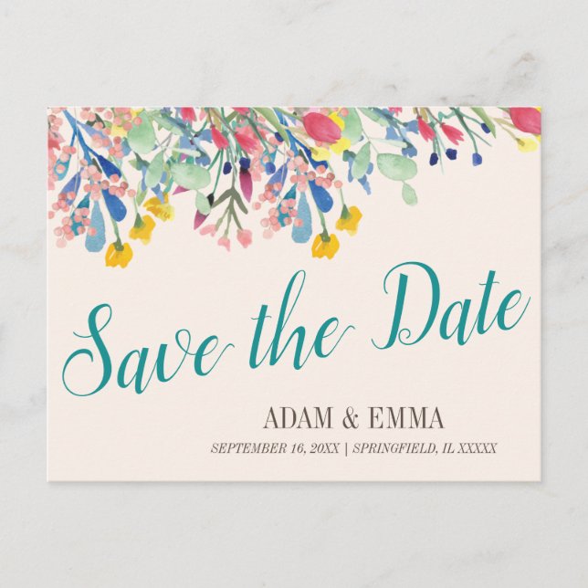 Carte Postale Bouquet d'aquarelle Enregistrer la date Mariage (Devant)