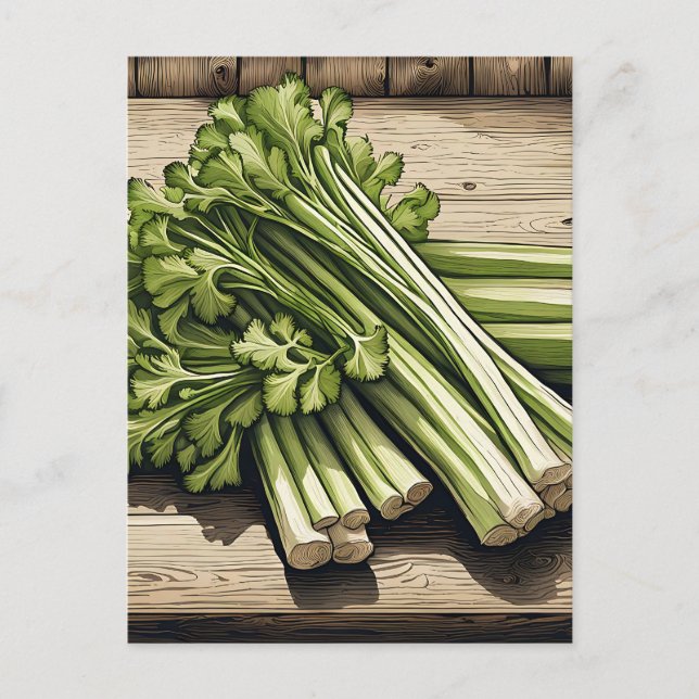 Carte Postale Bouquet de céleri frais sur bois (Devant)