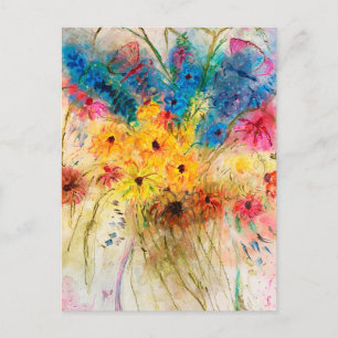 Carte Postale Bouquet de fleurs avec papillons. Aquarelle 