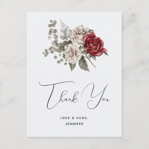 Carte Postale Bouquet de fleurs bohème rouge gris et crème Merci