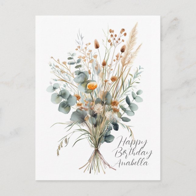 Carte Postale Bouquet de fleurs Calligraphie Joyeux anniversaire (Devant)