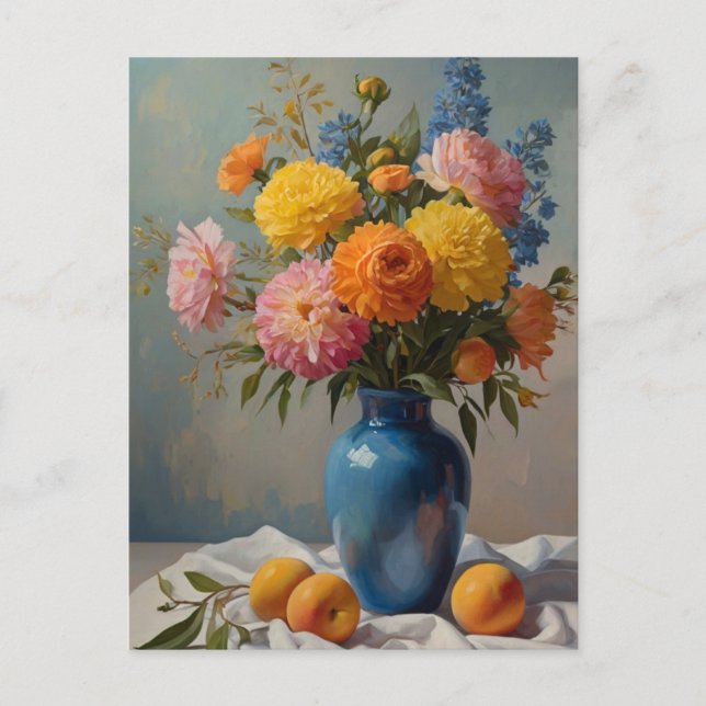 Carte Postale Bouquet de fleurs dans un vase bleu (Devant)