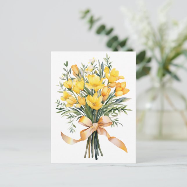 Carte Postale Bouquet de Fleurs de Freesia Jaunes (Debout devant)