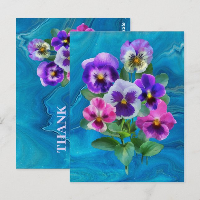 Carte Postale Bouquet de fleurs de violettes pensées MERCI (Devant / Derrière)