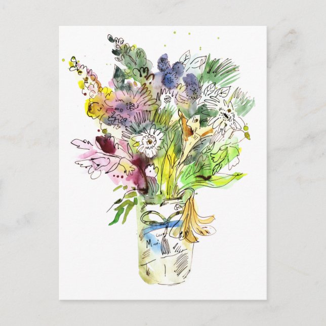Carte Postale Bouquet de fleurs d'été. Dessin aquarelle (Devant)