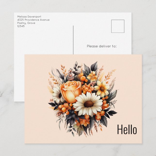 Carte Postale Bouquet de fleurs gris-jaune orange (Devant / Derrière)