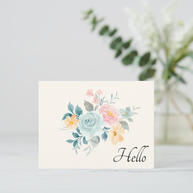 Carte Postale Bouquet de fleurs rose et bleu chic Bonjour (Debout devant)