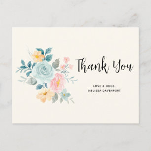 Carte Postale Bouquet de fleurs rose et bleu élégant - Merci