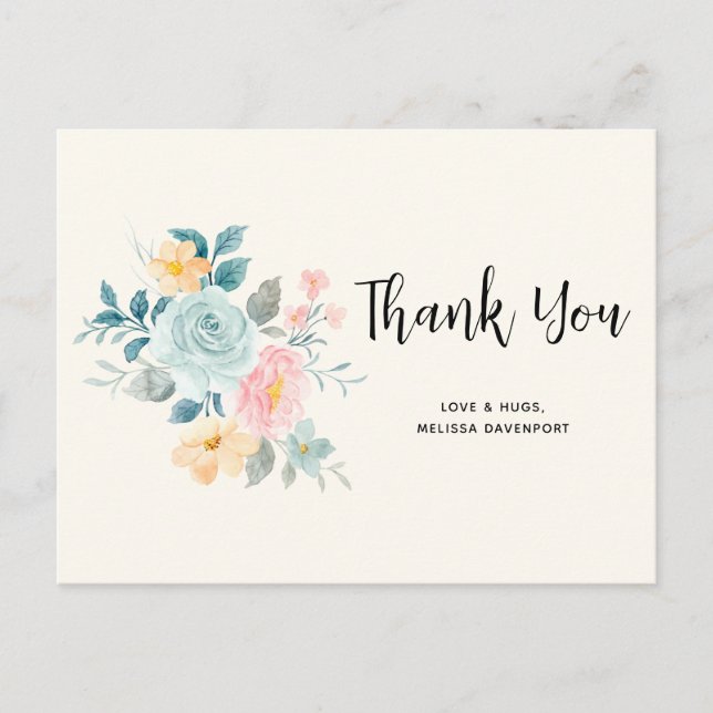 Carte Postale Bouquet de fleurs rose et bleu élégant - Merci (Devant)