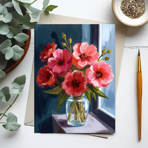 Carte Postale Bouquet de fleurs rouges vase peinture à l'aquarel