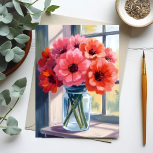 Carte Postale Bouquet de fleurs rouges vase peinture aquarelle