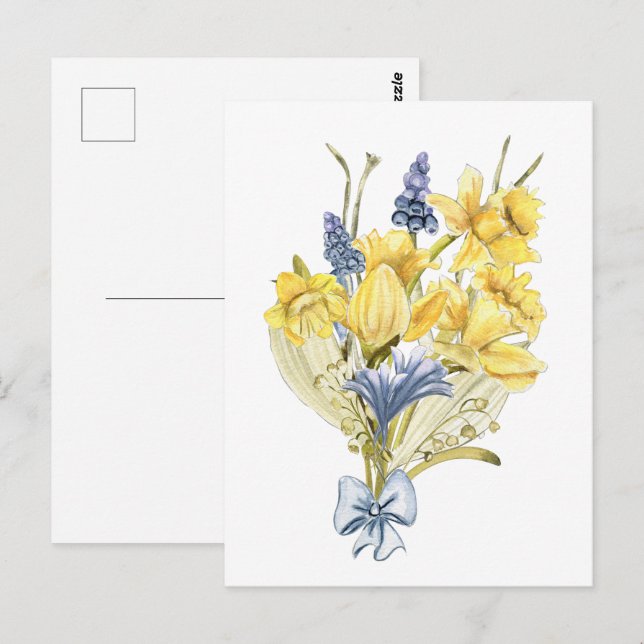 Carte Postale Bouquet de printemps d'aquarelle avec jonquilles j (Devant / Derrière)