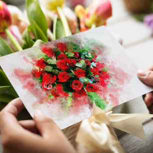 Carte Postale Bouquet de roses rouges aquarelle sur fond blanc