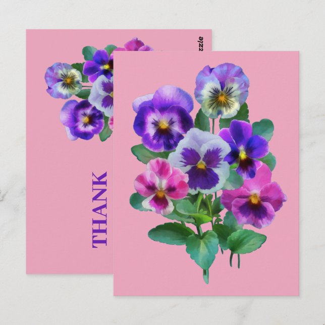 Carte Postale Bouquet de violettes fleurs de pensée MERCI (Devant / Derrière)