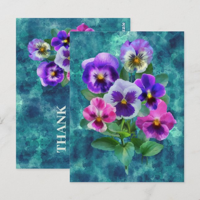 Carte Postale Bouquet de violettes fleurs de pensée MERCI (Devant / Derrière)