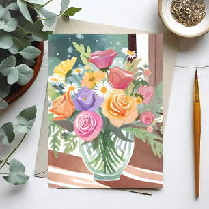 Carte Postale Bouquet floral printanier   Aquarelle de vase à fl
