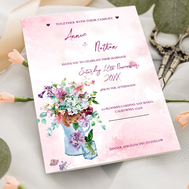 Carte Postale Bouquet floral romantique Faire-part de mariage ro (Romantic Floral Bouquet Pink Wedding Invitation Postcard)