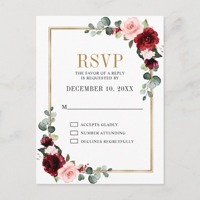 Carte Postale Bourgogne Blush Floral moderne géométrique RSVP (Devant)