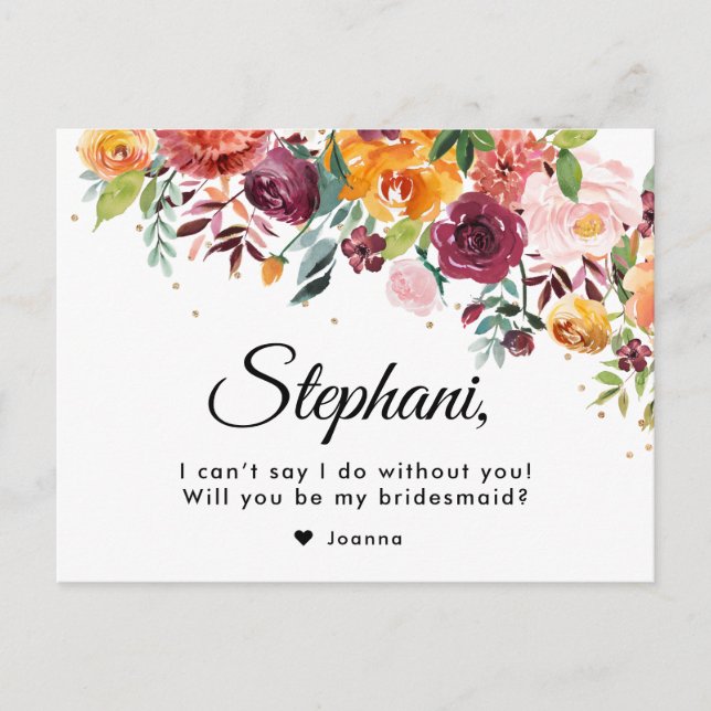 Carte Postale Bourgogne Blush Floral Serez-Vous Ma Femme D'Accue (Devant)