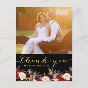 Carte Postale Bourgogne Floral Black Gold Photo Mariage Merci