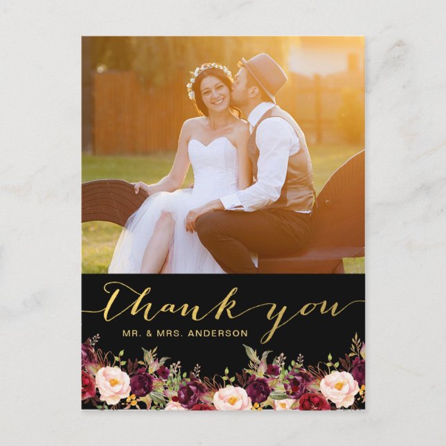 Carte Postale Bourgogne Floral Black Gold Photo Mariage Merci (Devant)
