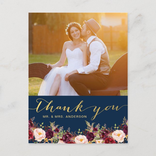 Carte Postale Bourgogne Floral Navy Gold Photo Mariage Merci (Devant)