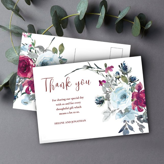 Carte Postale Bourgogne Floral Russe Mariage Merci (Burgundy Floral Rustic Wedding Thank You Postcard)