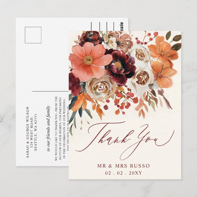 Carte Postale Bourgogne Orange Mariage de automne Floral Merci (Devant / Derrière)