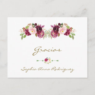 Carte Postale Bourgogne rose Floral Baby shower espagnol Gracias