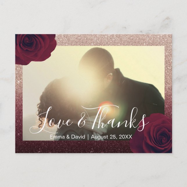 Carte Postale Bourgogne Rose Floral Mariage Merci photo (Devant)