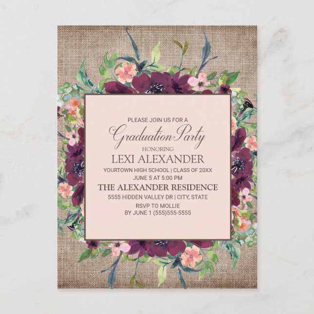 Carte Postale Bourgogne Rustique Rose Floral Burlap Graduation (Devant)