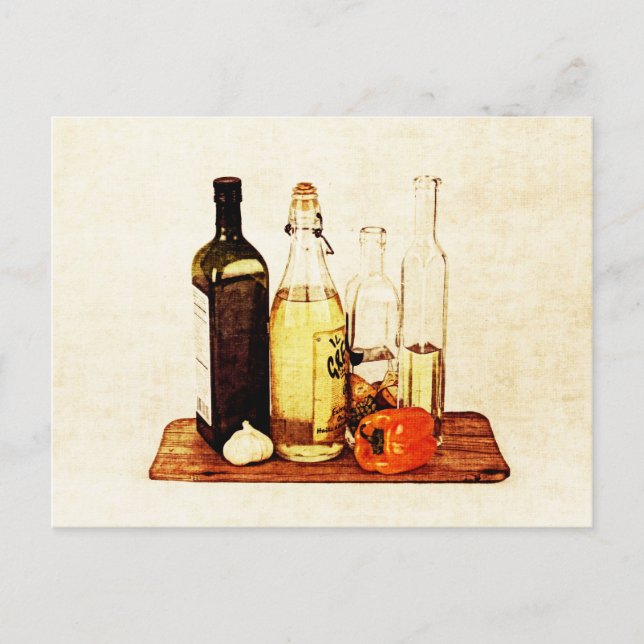 Carte Postale Bouteilles d'huile d'olives evoo et légume (Devant)