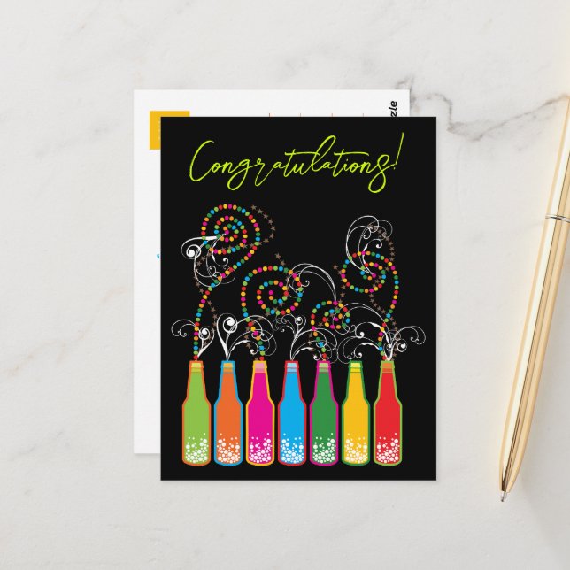 Carte Postale Bouteilles et spirales colorées Félicitations (Devant/Arrière en situation)